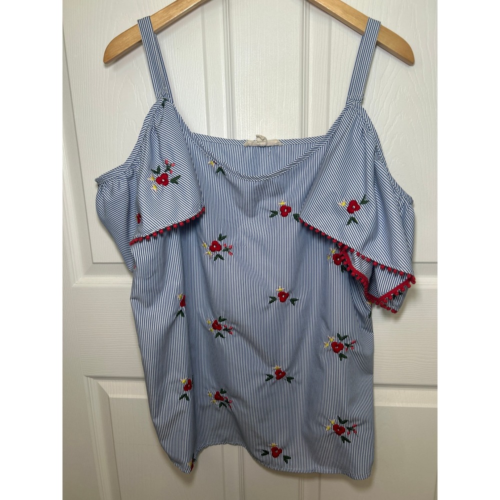 Grand & Greene‎ Blue Striped Cold Shoulder Embroidered Floral Top - L